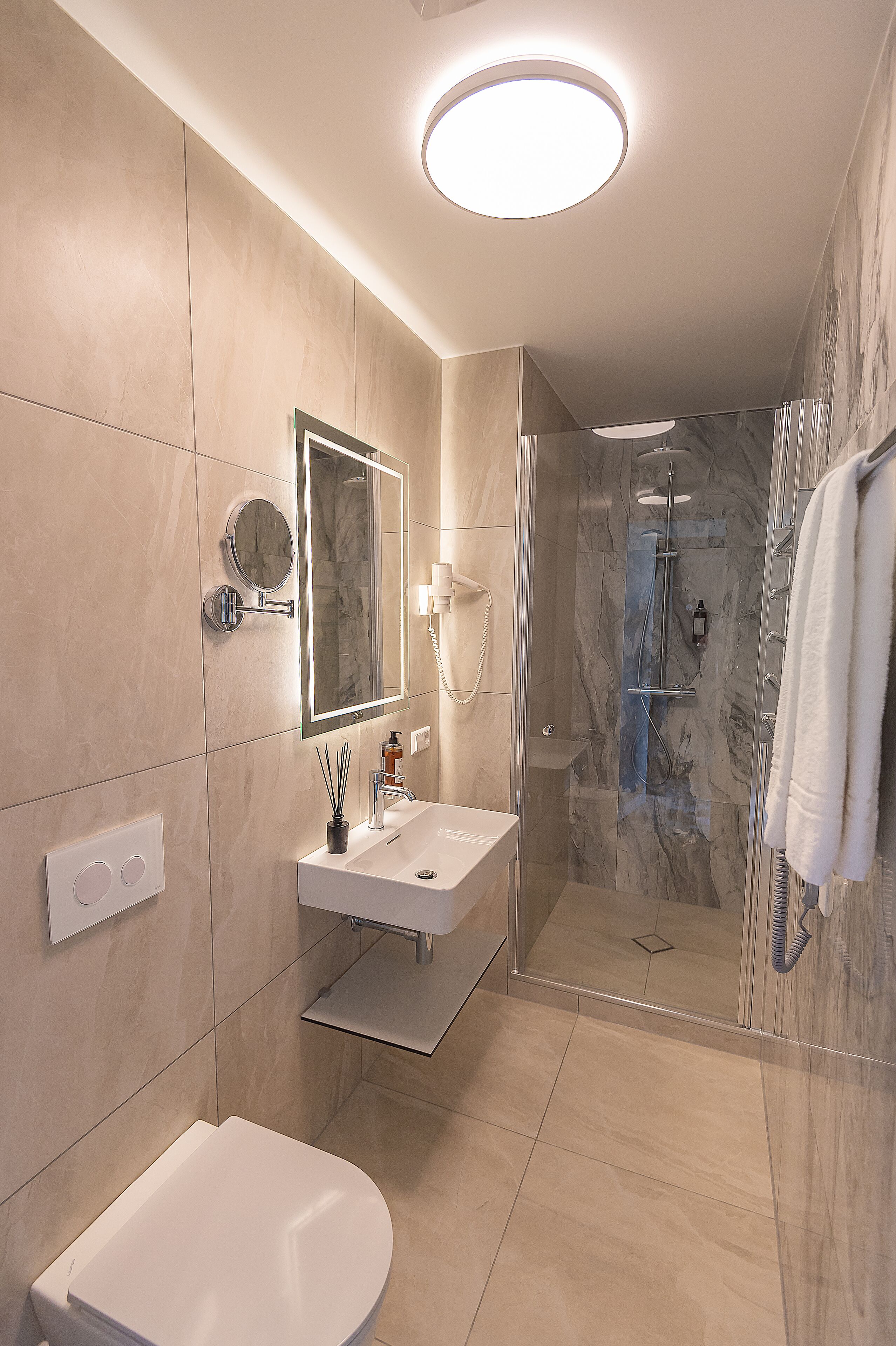 free toiletries, hair dryer, towels