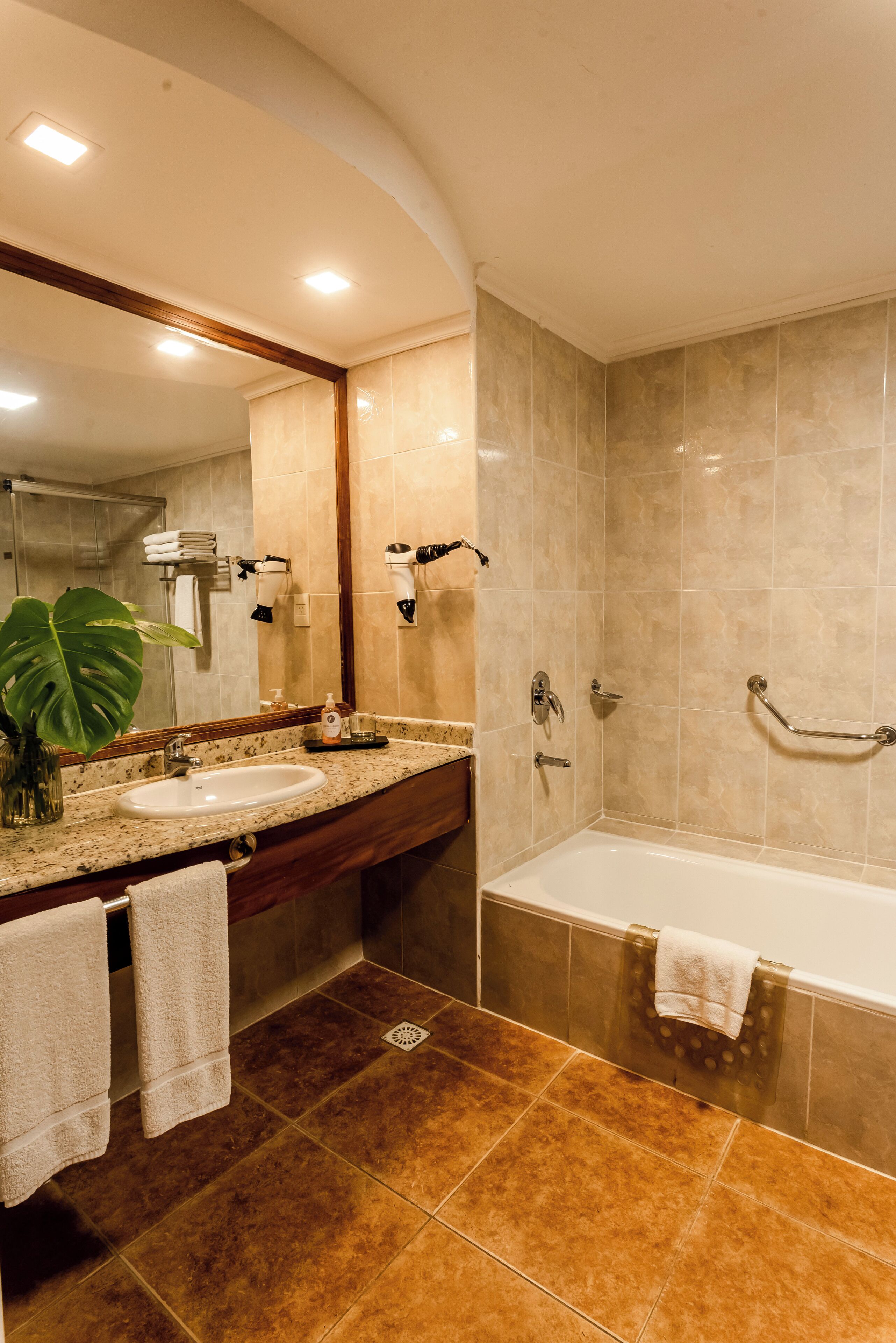 designer toiletries, hair dryer, bidet, towels