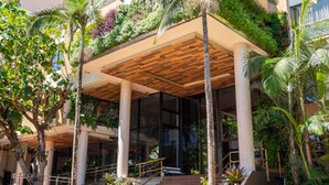 Entrada de hotel com área externa coberta, palmeiras e um jardim exuberante.