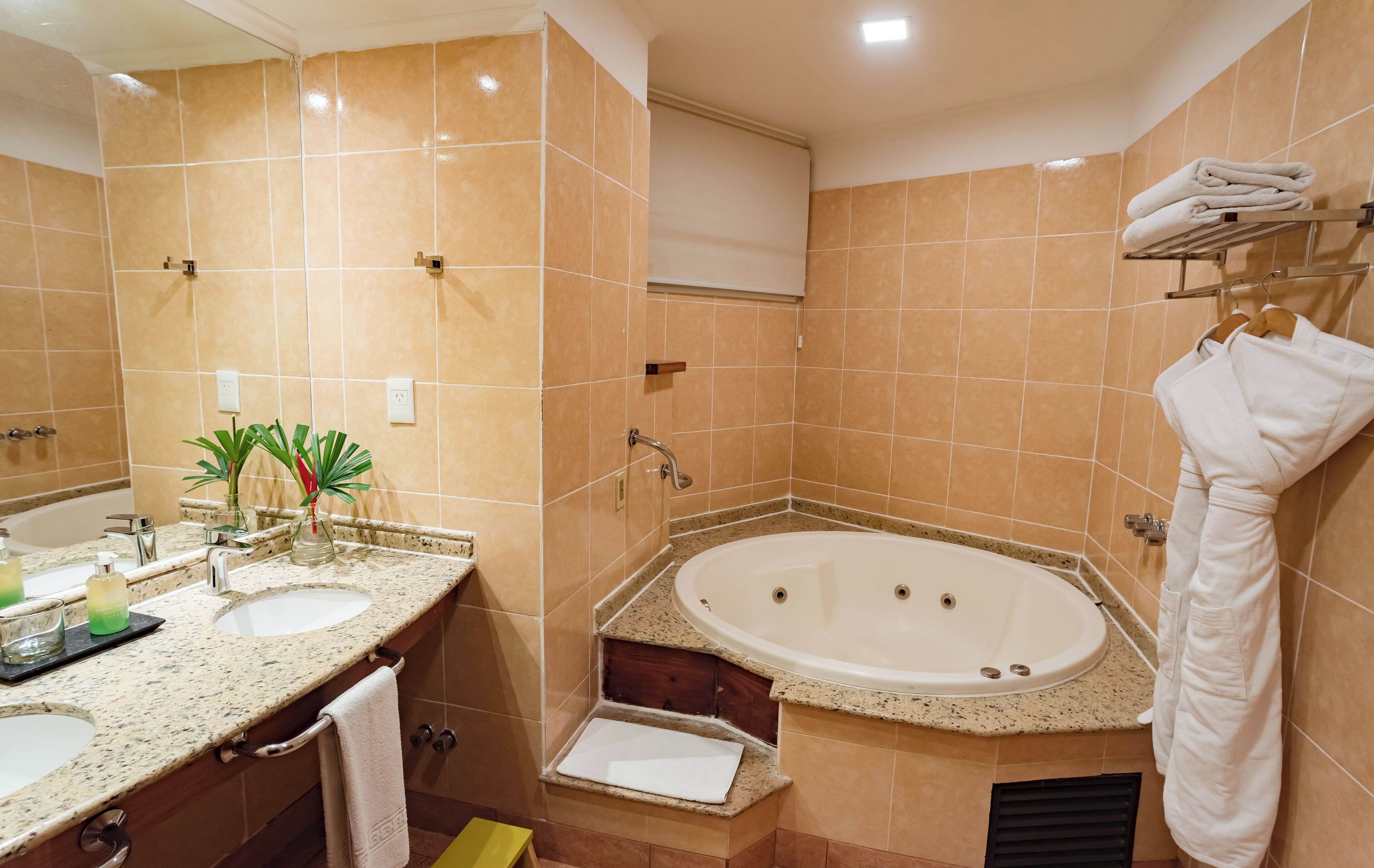 Ein Badezimmer mit einer großen Badewanne, einem Waschbecken und einem Spiegel. Ein Handtuchhalter mit Handtüchern und eine Pflanze befinden sich auf der Ablagefläche.