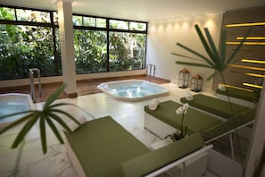 Sauna, hot tub, steam room, body treatments, body scrubs, facials