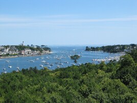 Une ville côtière dotée d’un port de plaisance rempli de bateaux, entourée d’une végétation luxuriante et bordée de bâtiments le long de la côte.