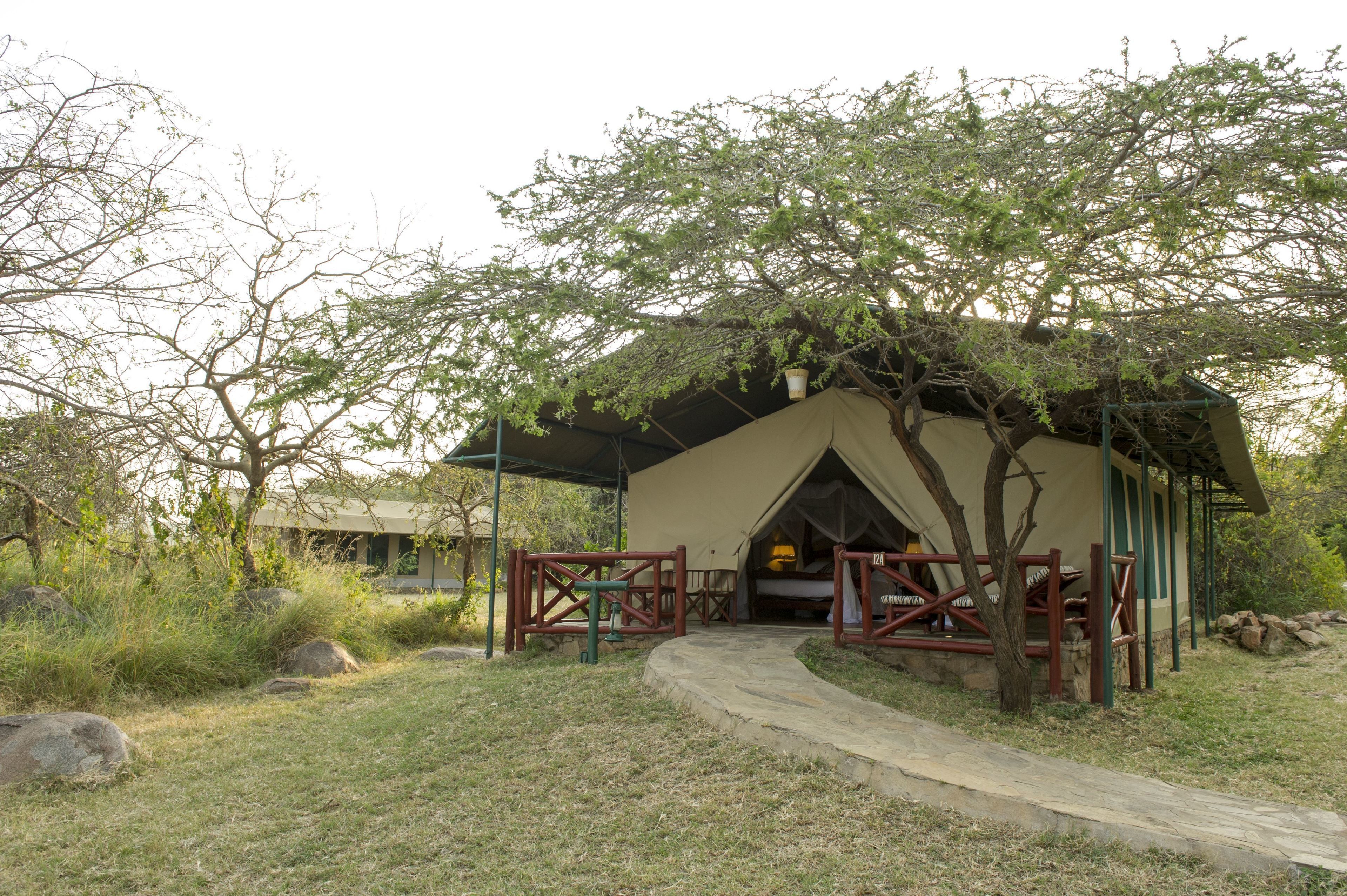 A safari lodge with a covered entrance, a pathway leading to the lodge, and a natural surrounding with trees and rocks.