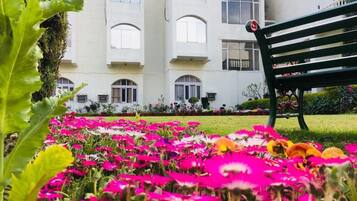 A building with multiple windows and a bench in a garden with colorful flowers.