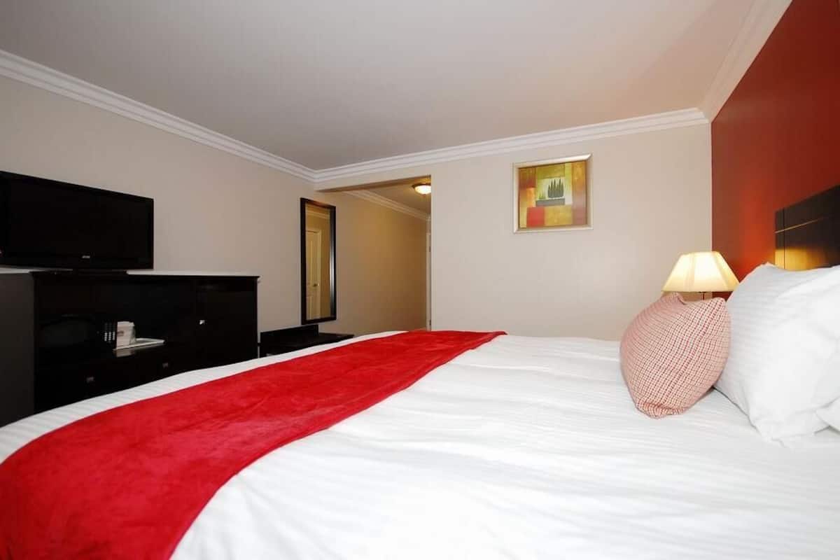 A hotel room with a bed, a TV, a desk, and a lamp.