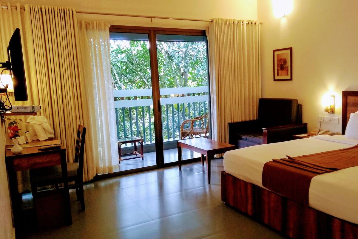 A hotel room with a bed, a desk, a chair, a TV, and a balcony with a view of trees.
