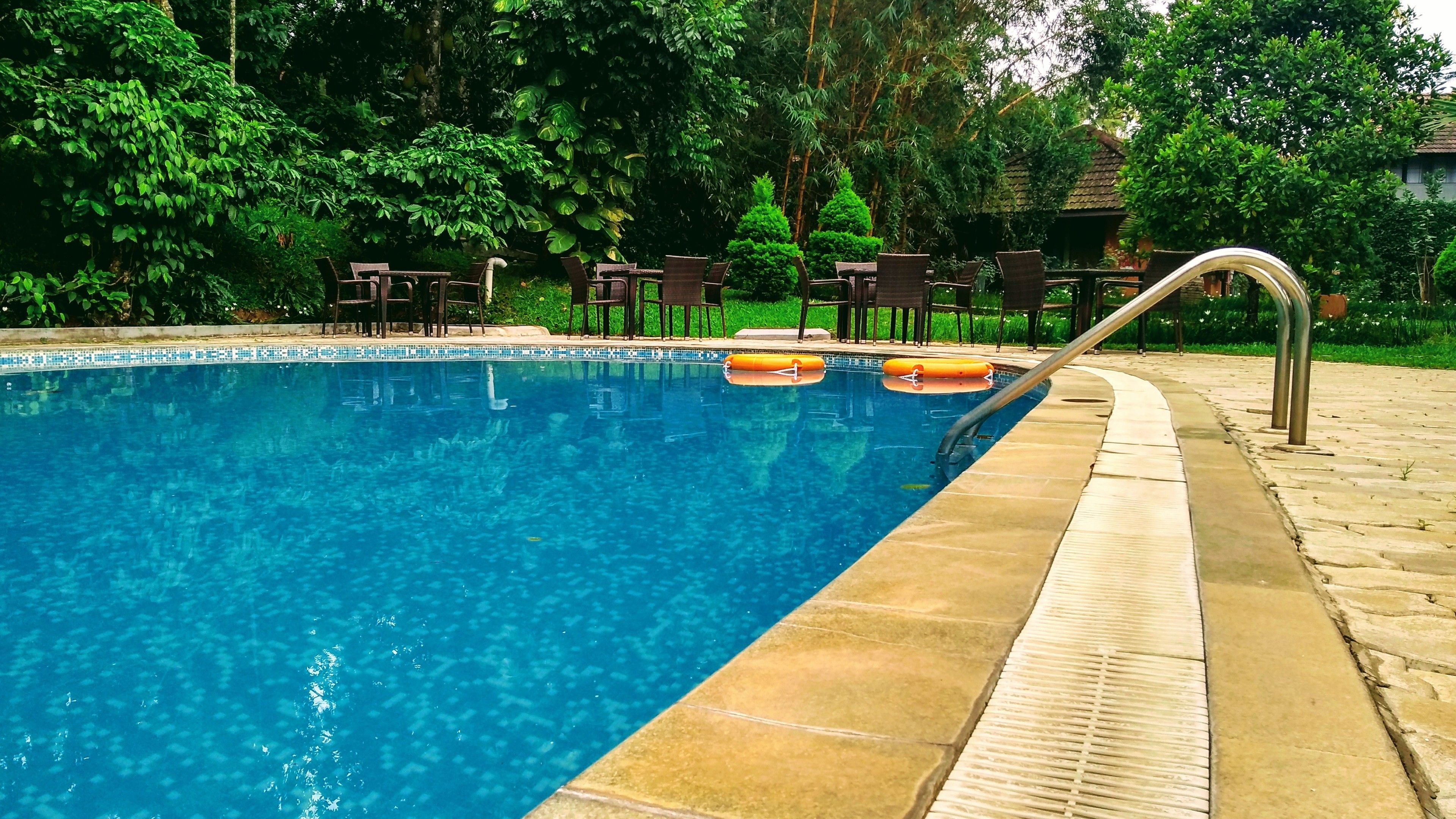 A swimming pool with clear blue water, surrounded by a stone deck and lush greenery.