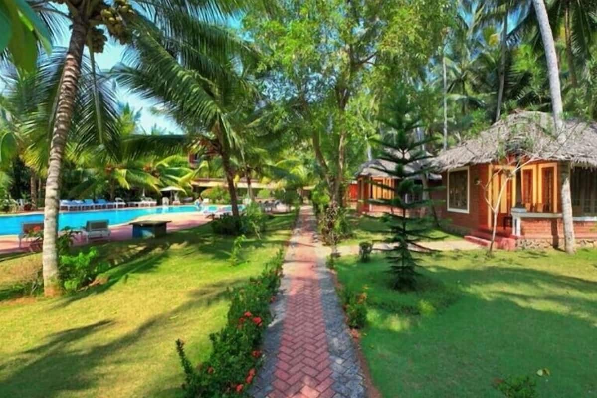 A pool area with a brick pathway, palm trees, and thatched-roof huts.