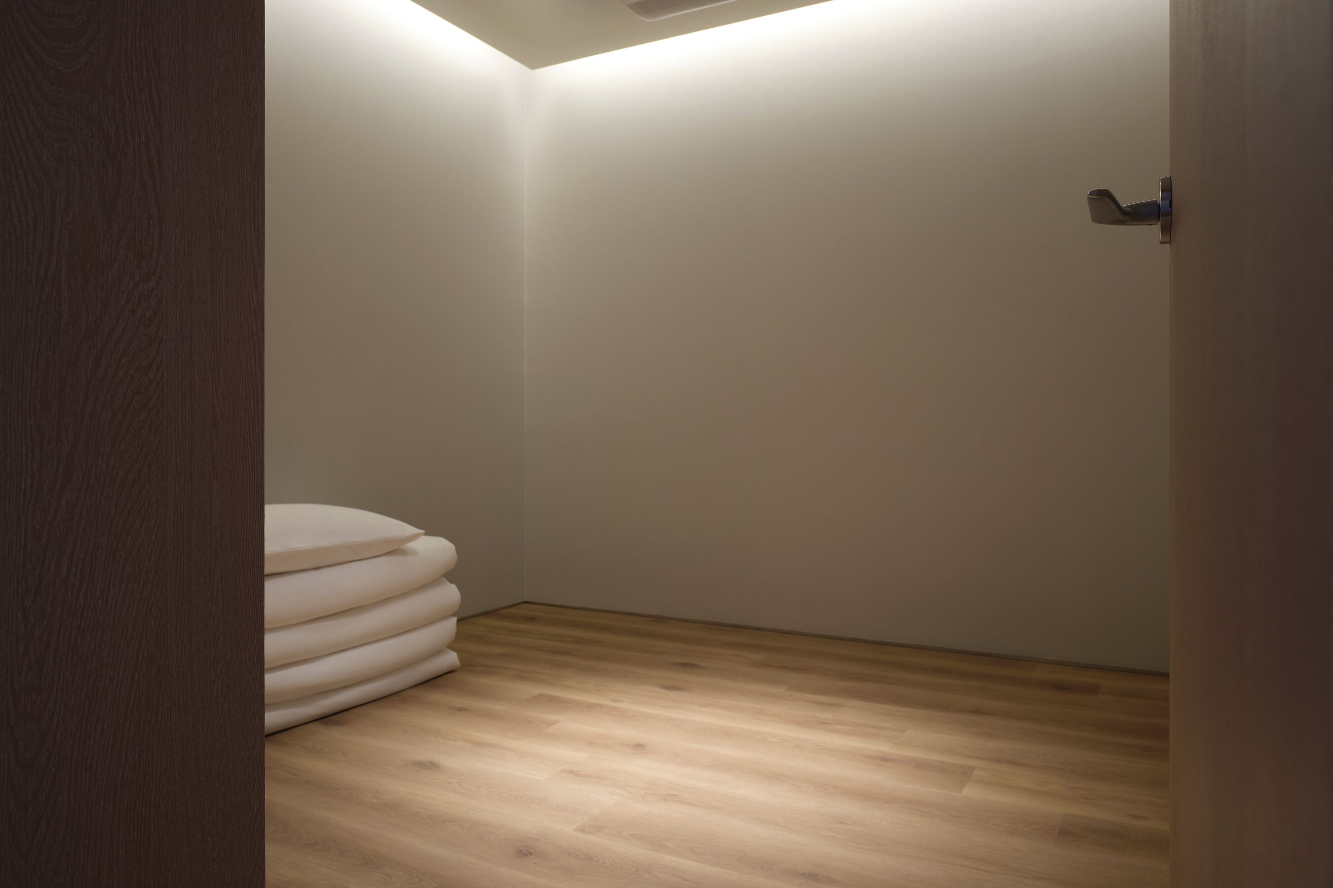 A room with a wooden floor, a white door, and a white wall.