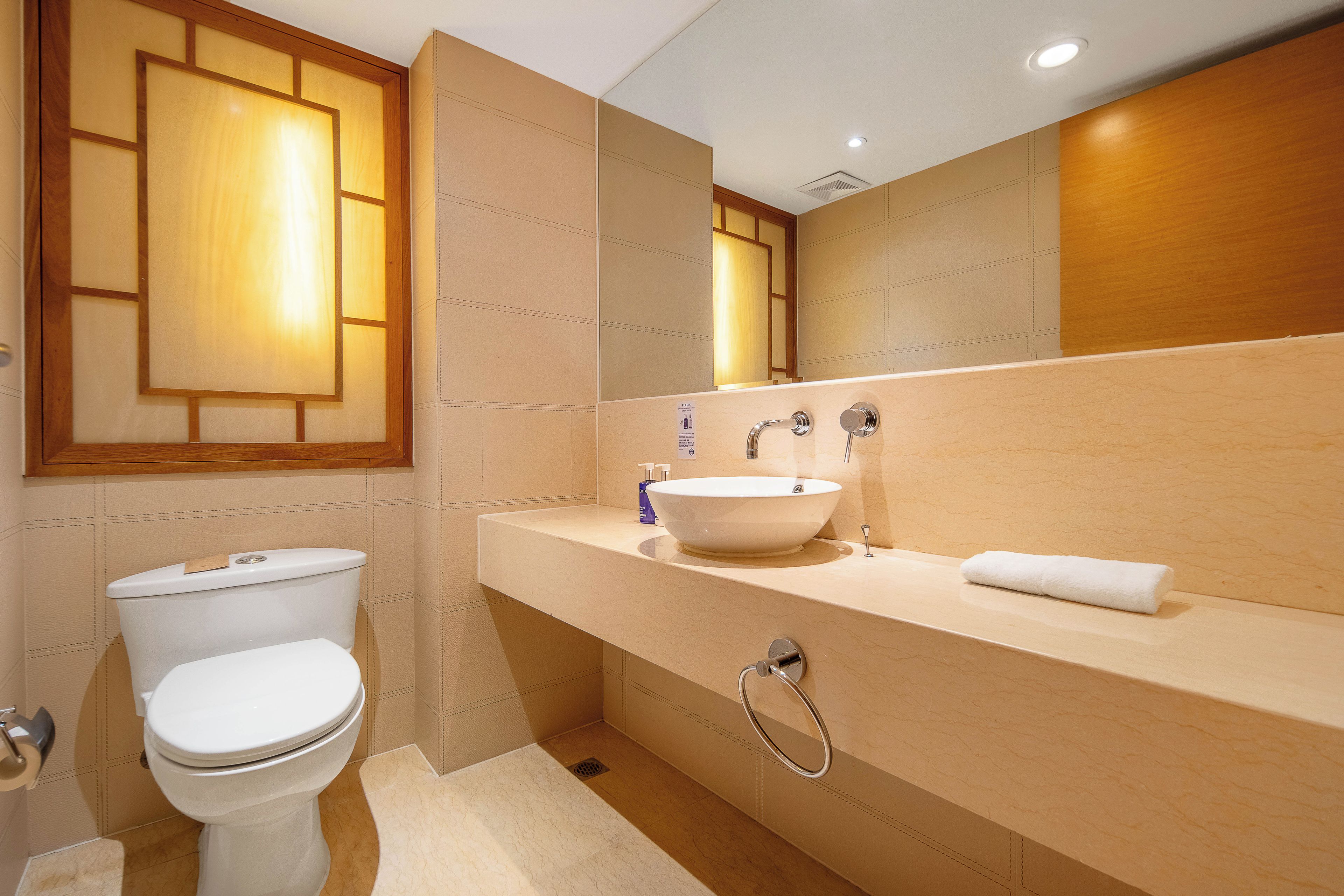 A bathroom with a toilet, sink, and mirror.