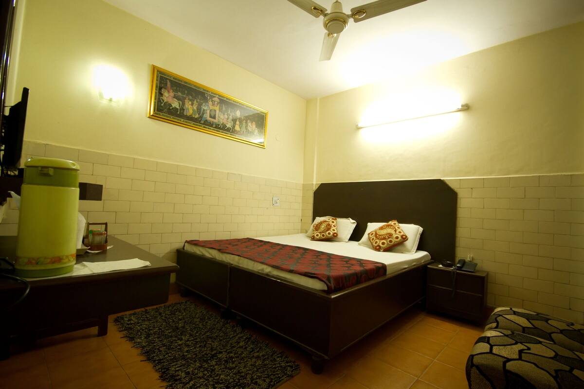 Une chambre à coucher comprenant un lit, une table de chevet, une lampe, un radiateur, un tableau au mur et un ventilateur de plafond.