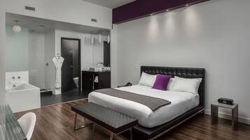 Designer toiletries, hair dryer, bathrobes, towels