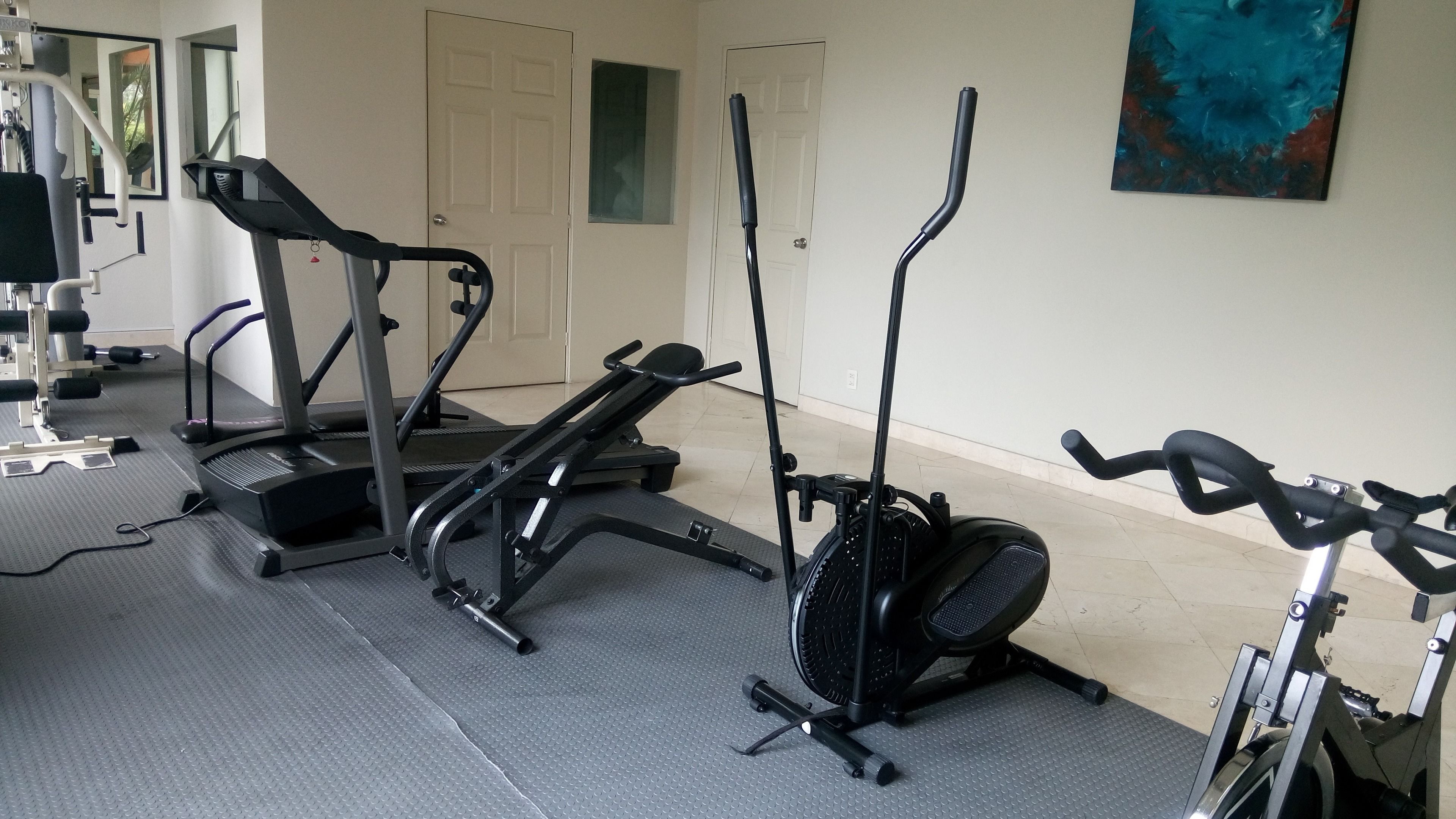 Academia em casa com esteiras, elíptico e bicicleta ergométrica.