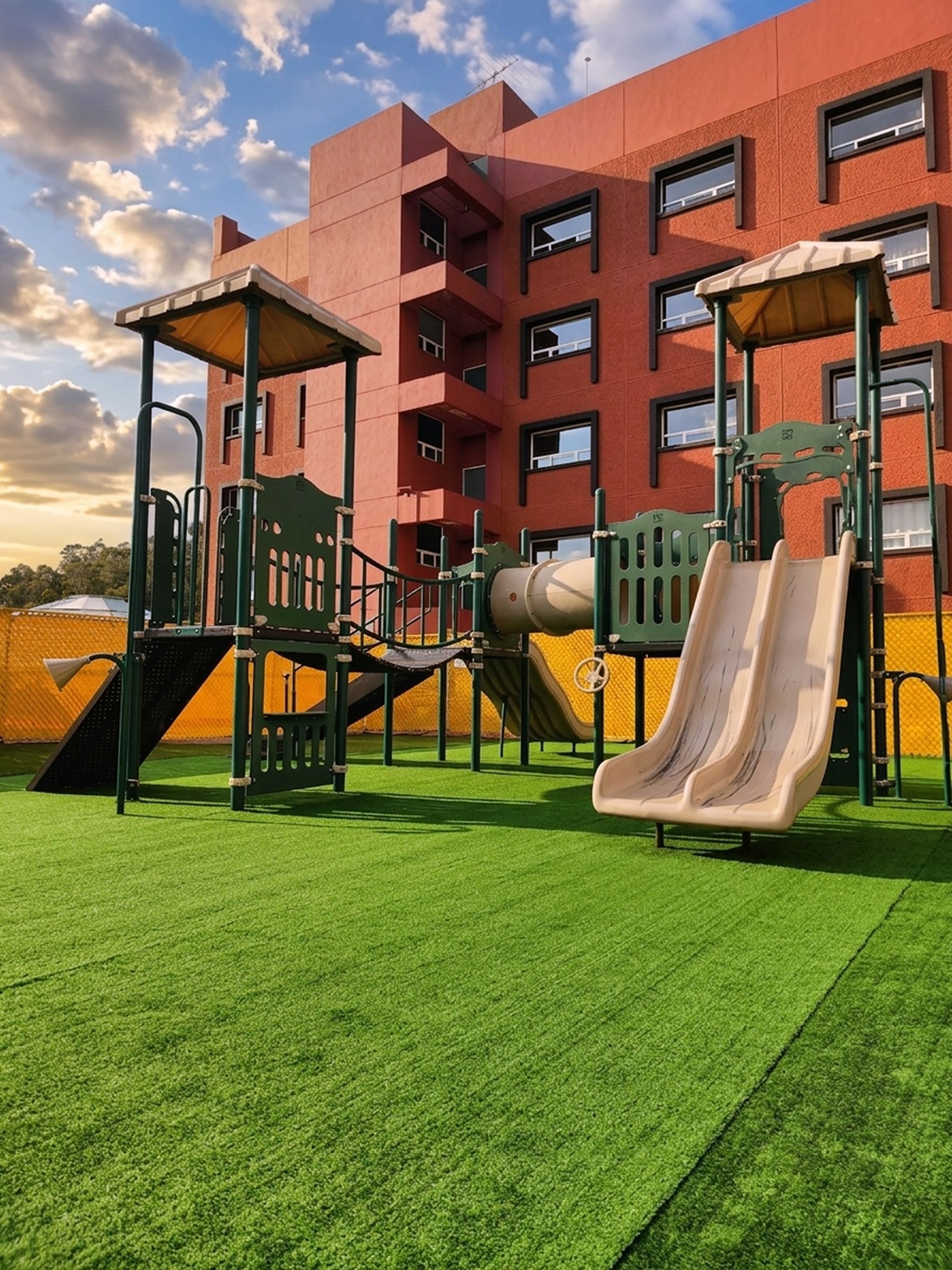 A playground with slides and climbing structures, set against a building with multiple windows.
