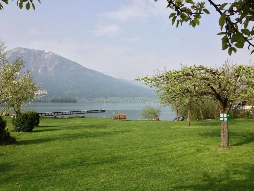 A grassy area with a lake, a mountain in the background, and a wooden dock extending into the water.