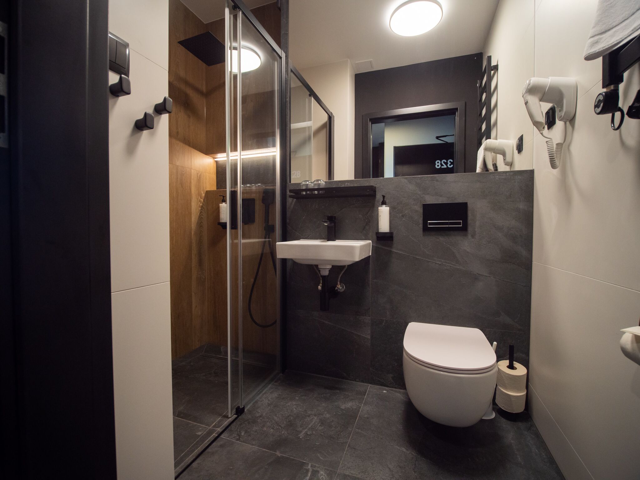 A modern bathroom with a glass shower enclosure, a white sink, a toilet, and a hairdryer mounted on the wall.