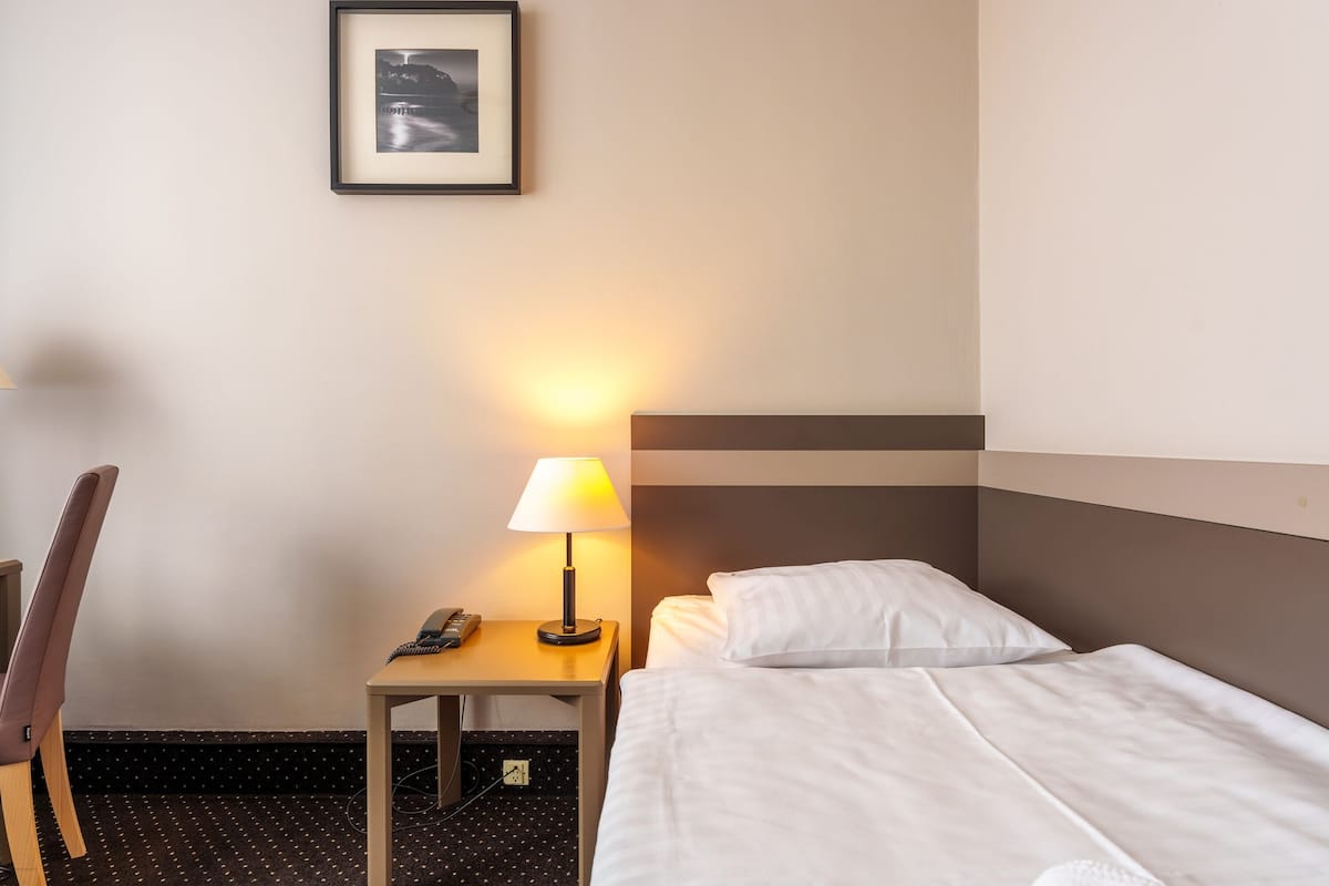 Une chambre d’hôtel avec un lit, une table de chevet avec une lampe, une chaise et un tableau encadré au mur.