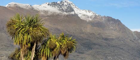 A mountain with snow-capped peaks and a body of water in the foreground.