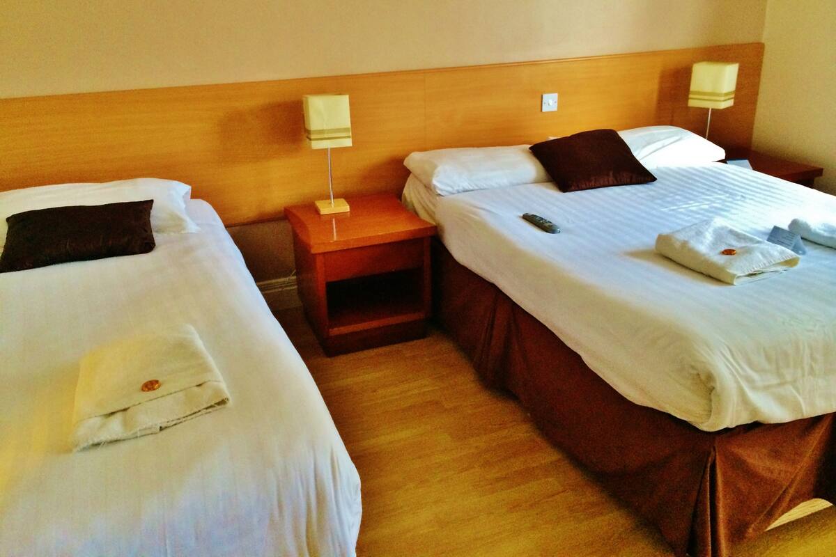 A hotel room with two beds, each with a pillow and a remote control. There is a nightstand with a lamp between the beds.