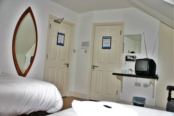 Habitación de hotel con cama, un espejo grande, dos puertas, un televisor en un estante y un cubo de basura.
