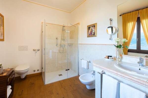 Un baño moderno con ducha de vidrio, un bidé, un lavabo con espejo y un inodoro.