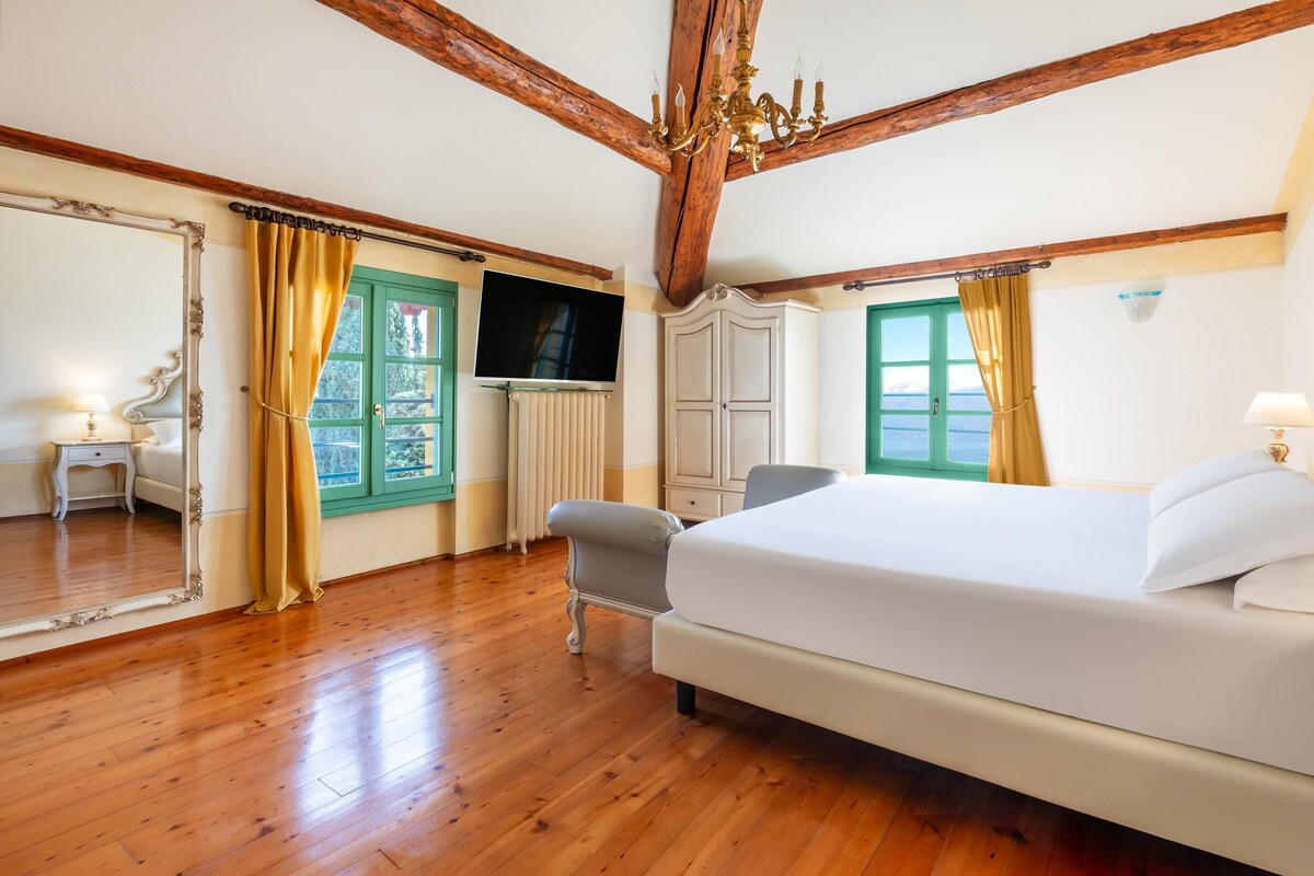 Un dormitorio con una cama grande, piso de madera, un espejo, un televisor y una ventana con cortinas.