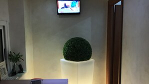 Ein Flur mit einer Rezeption, einem an der Wand befestigten Fernseher und einer kugelförmigen Pflanze auf einem Sockel.