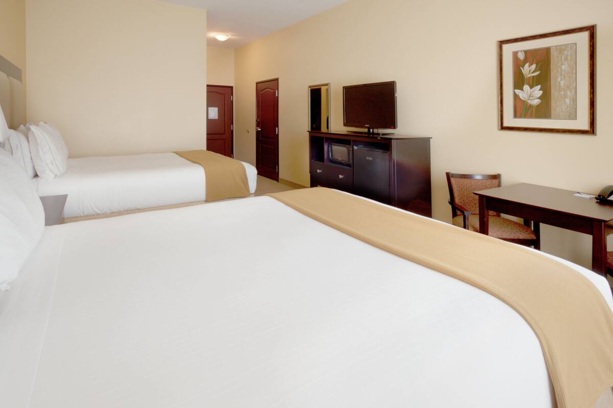 A hotel room with two beds, a desk, a chair, a television, and a framed picture on the wall.