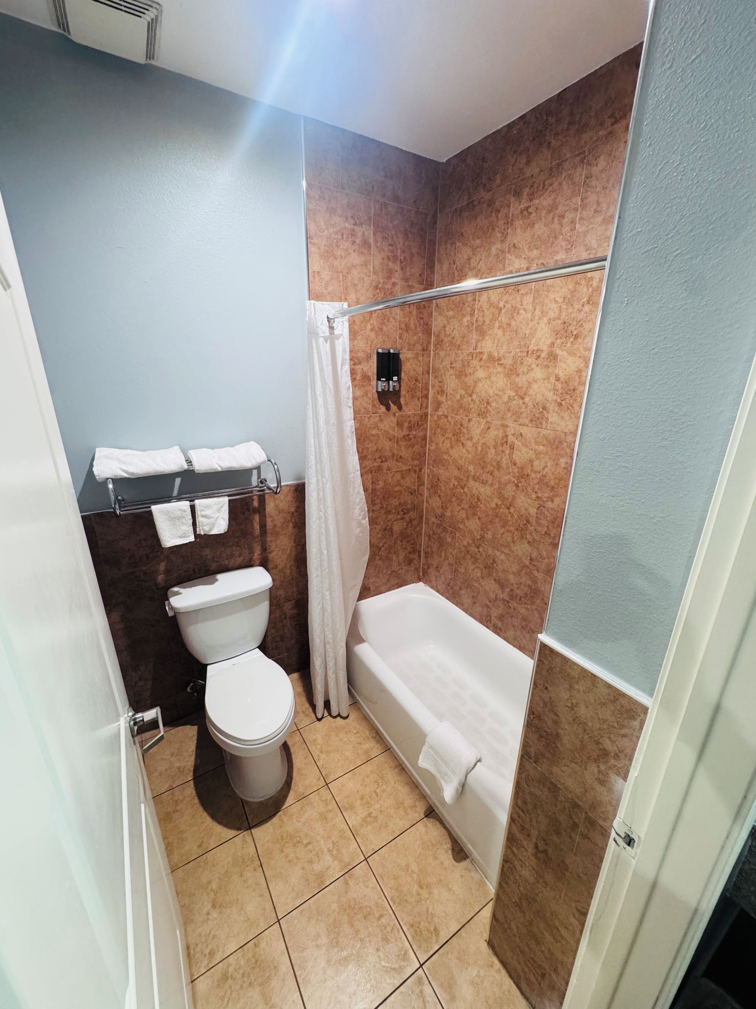 A bathroom with a toilet, bathtub, and shower curtain.