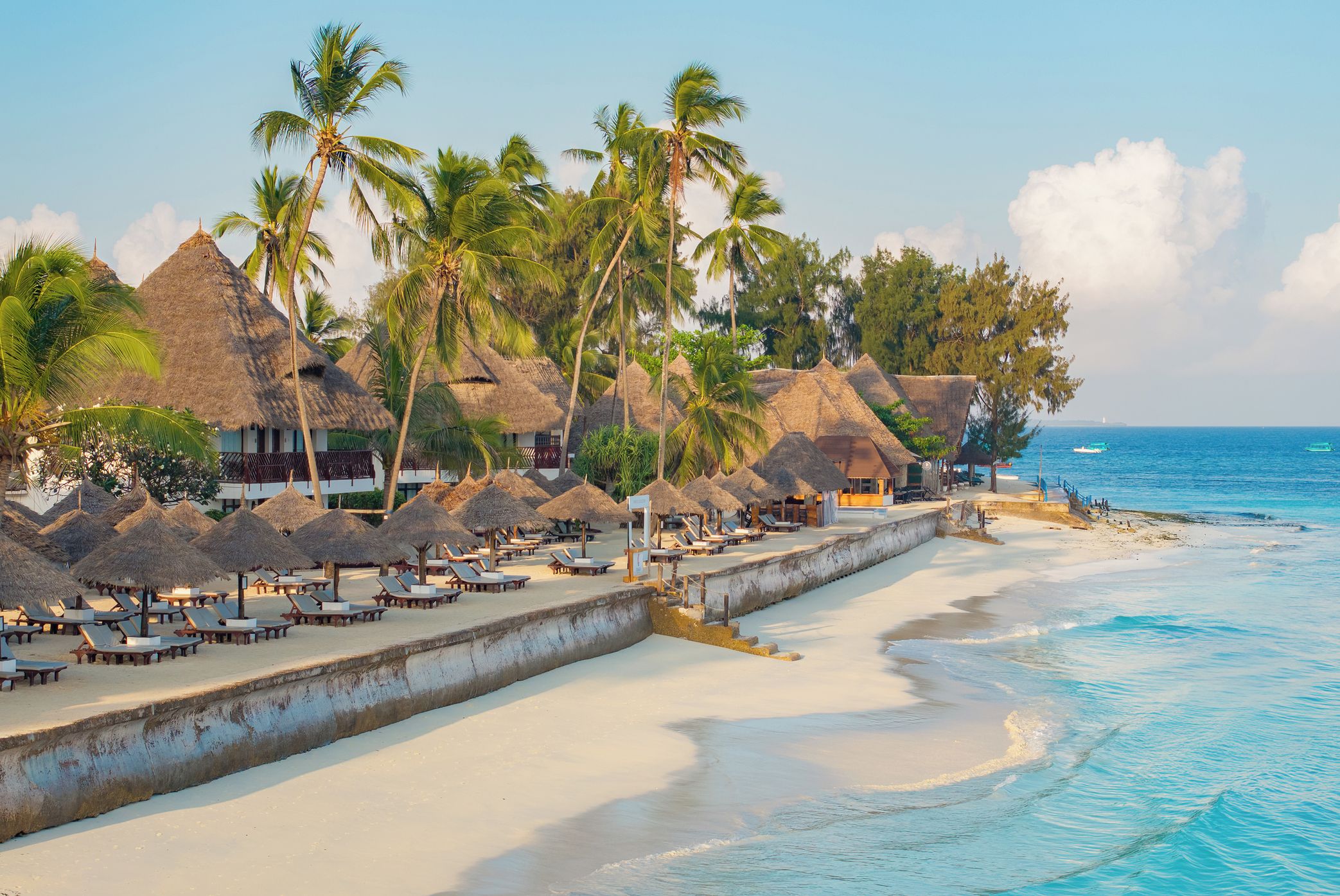 Un resort en la playa con cabañas de techo de paja, tumbonas y palmeras.