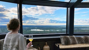 A person sitting by a window with a view of a lake and forest, holding a glass of wine. - Hotel Levi Panorama (Kittila)