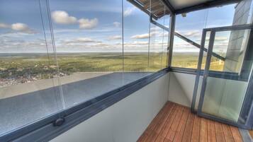 A balcony with a wooden floor and a glass wall offering a view of a rural landscape.