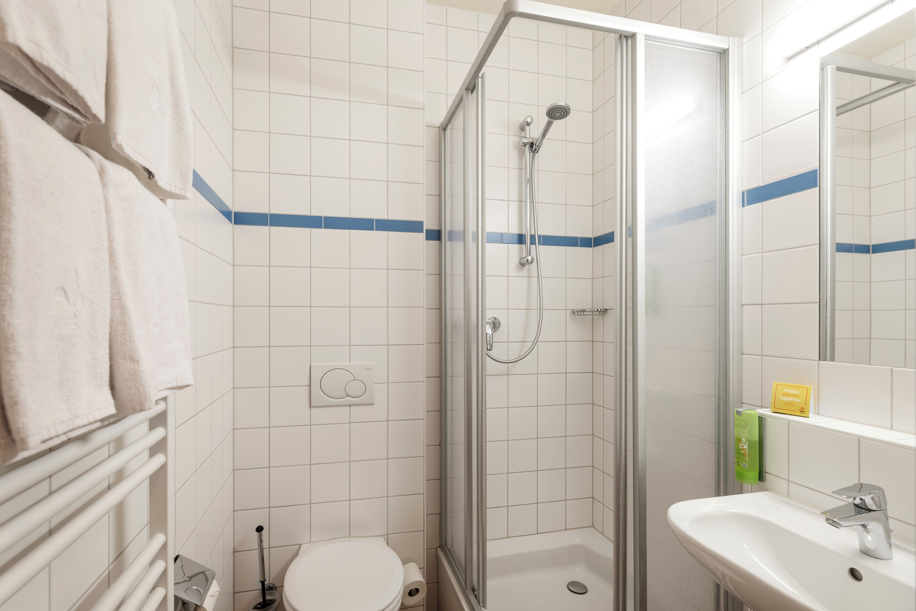 Een badkamer met douche, toilet, wastafel en handdoekrek.