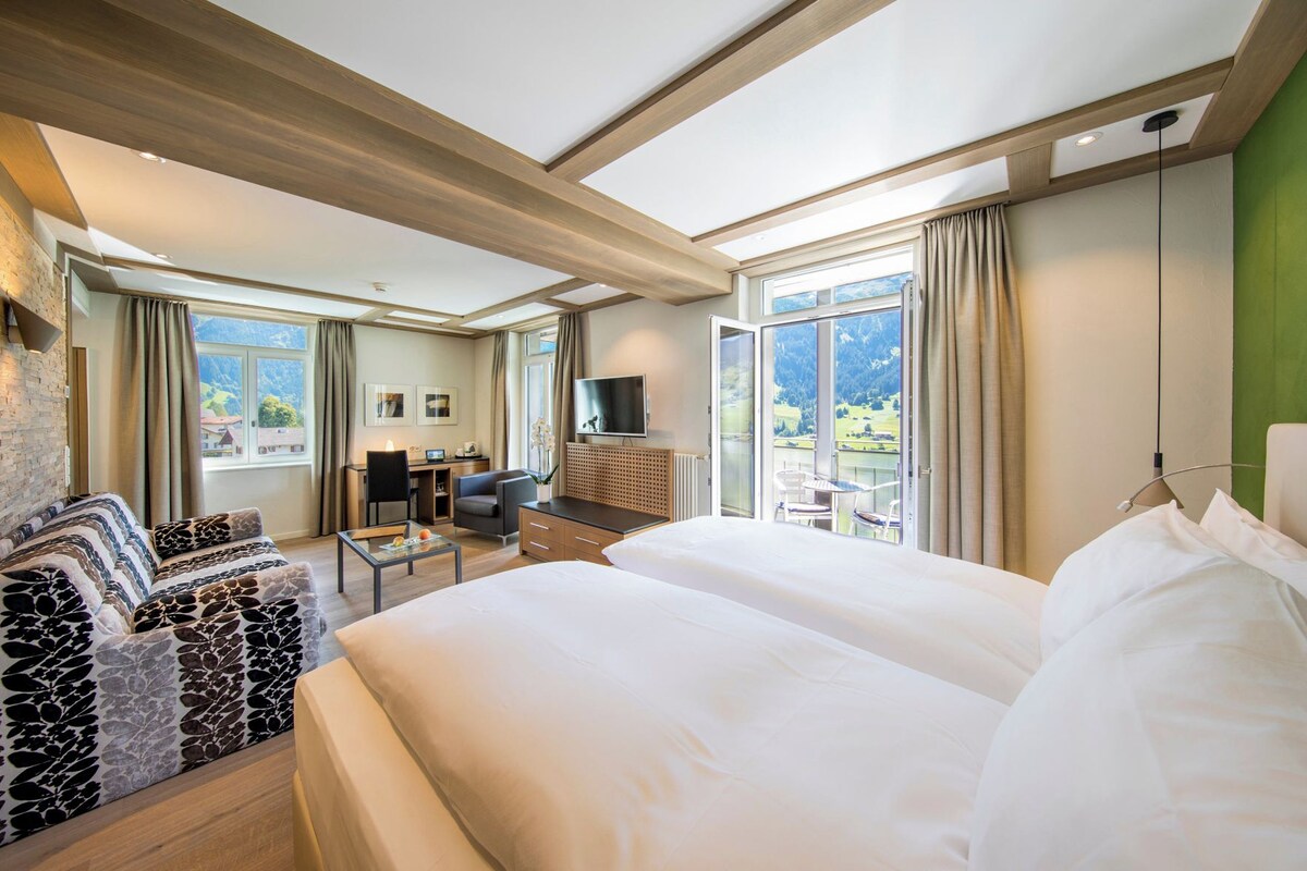 A hotel room with a large bed, a desk, a chair, a TV, and a balcony with a view.