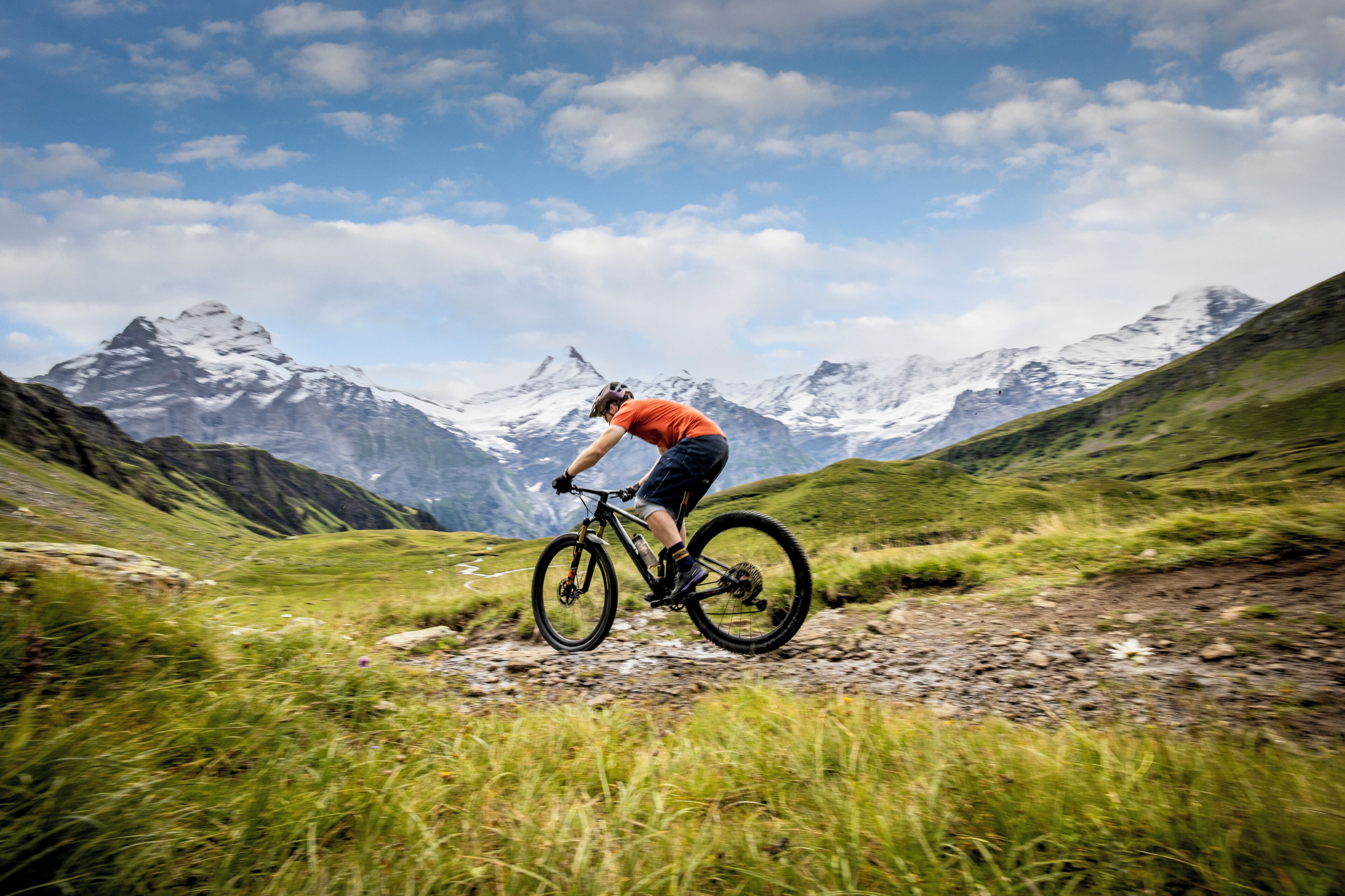 A mountain biker on a trail with snow-capped mountains in the background.