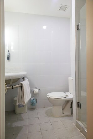 Et badeværelse med toilet, håndvask og bruseområde.
