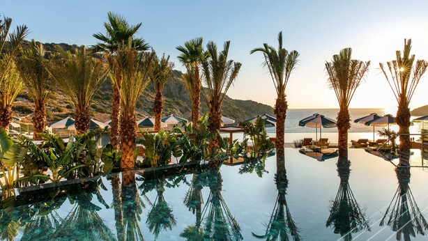 An infinity pool with palm trees and beach umbrellas, reflecting the surrounding landscape. - Daios Cove (Agios Nikolaos)