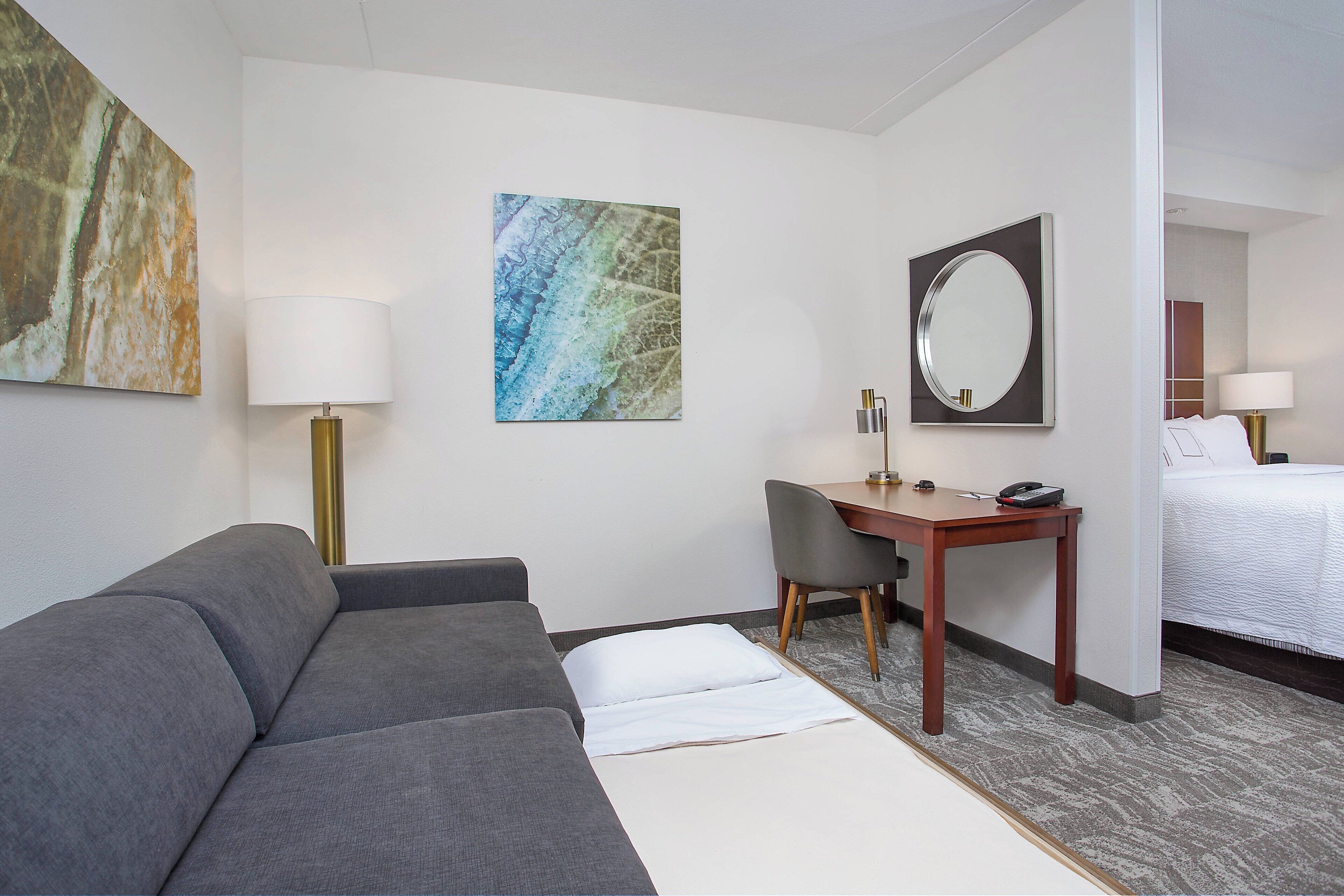 premium bedding, desk, blackout curtains, iron/ironing board