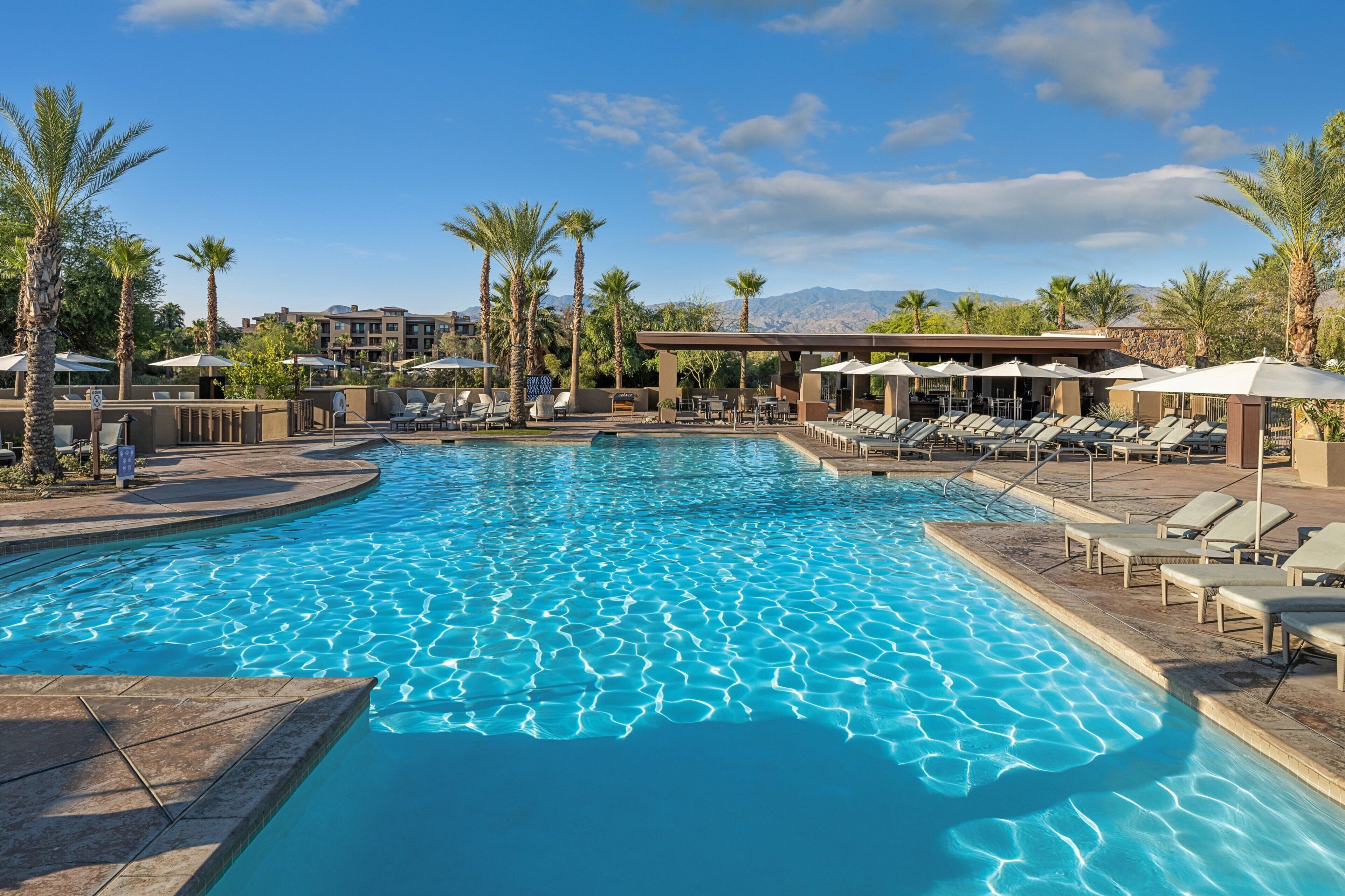 A swimming pool with lounge chairs and umbrellas, surrounded by palm trees and buildings.