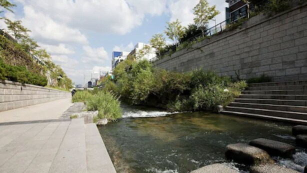 A riverside walkway with steps leading down to a water feature, bordered by a stone wall and greenery. - Central Tourist Hotel (Seoul)
