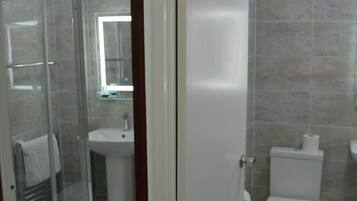 Un baño con cabina de ducha de vidrio, lavamanos e inodoro.