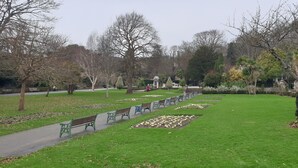 Een park met groen gras, banken en bomen.