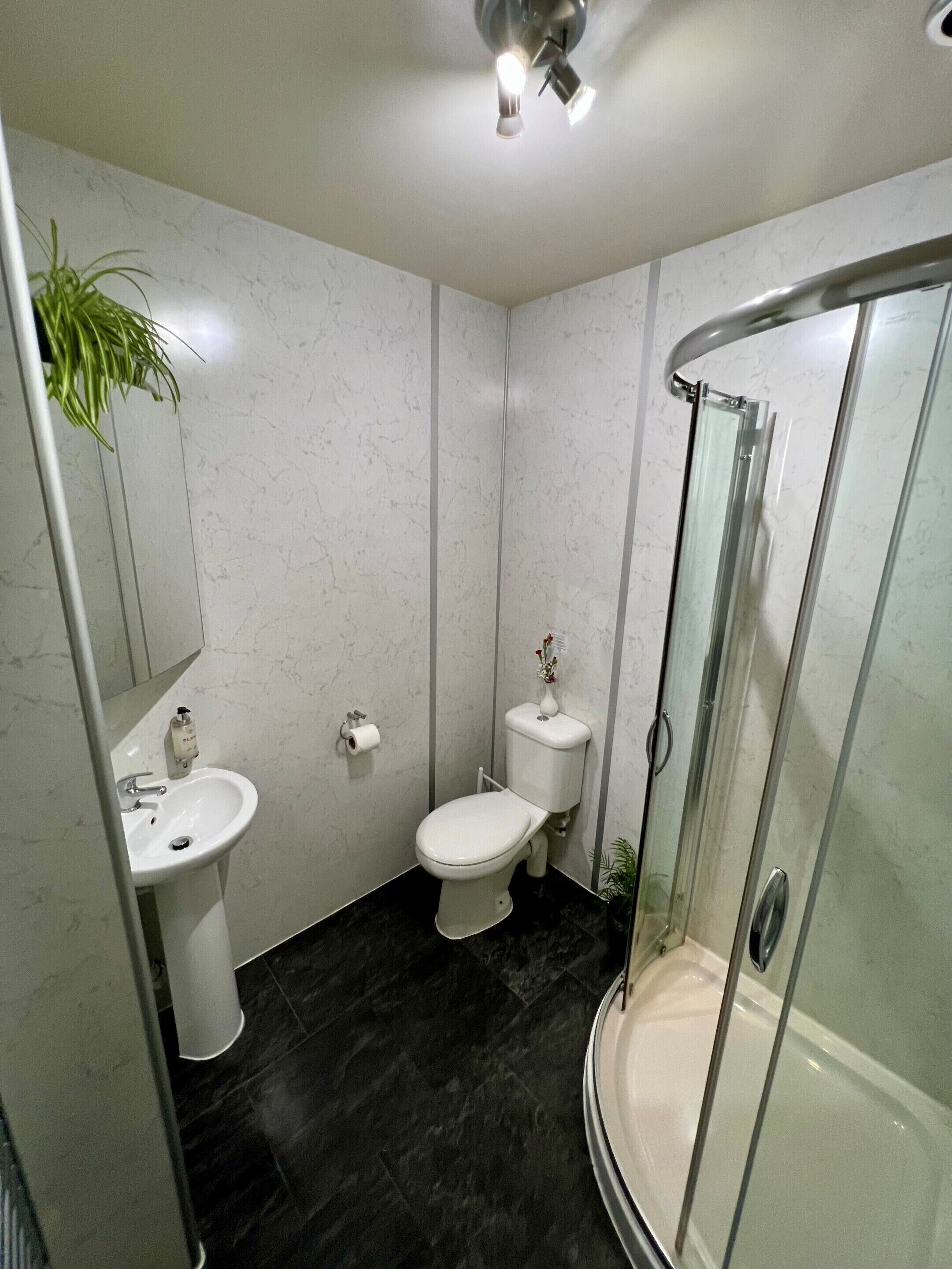 A modern bathroom with a toilet, sink, and glass-enclosed shower.