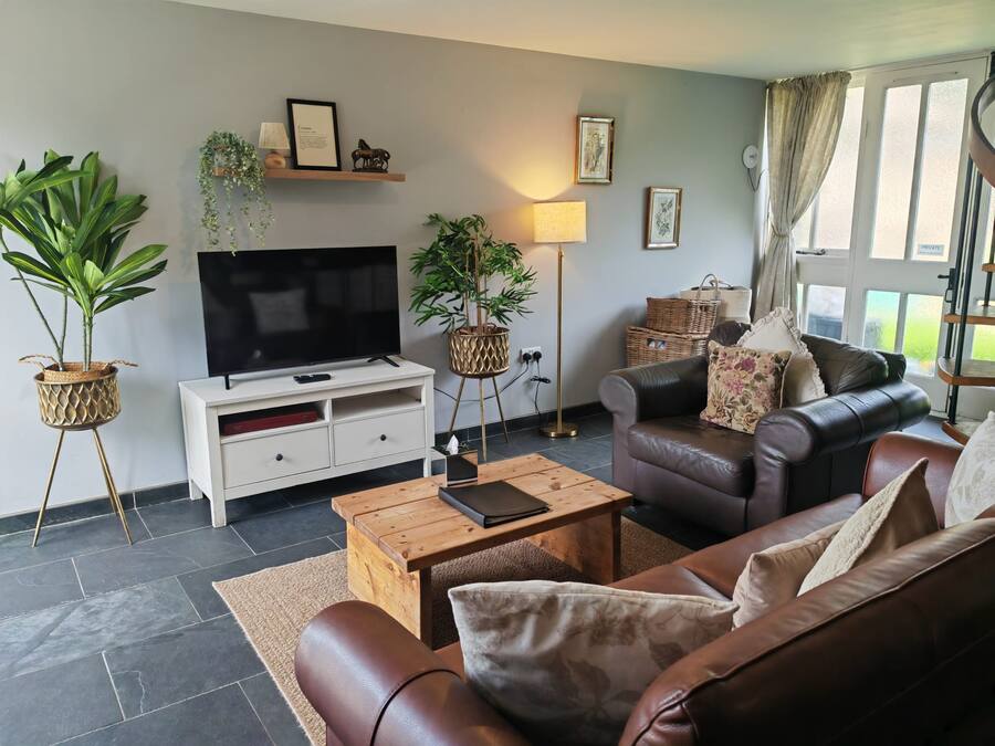 A living room with a leather sofa, a flat-screen TV, a wooden coffee table, and potted plants.