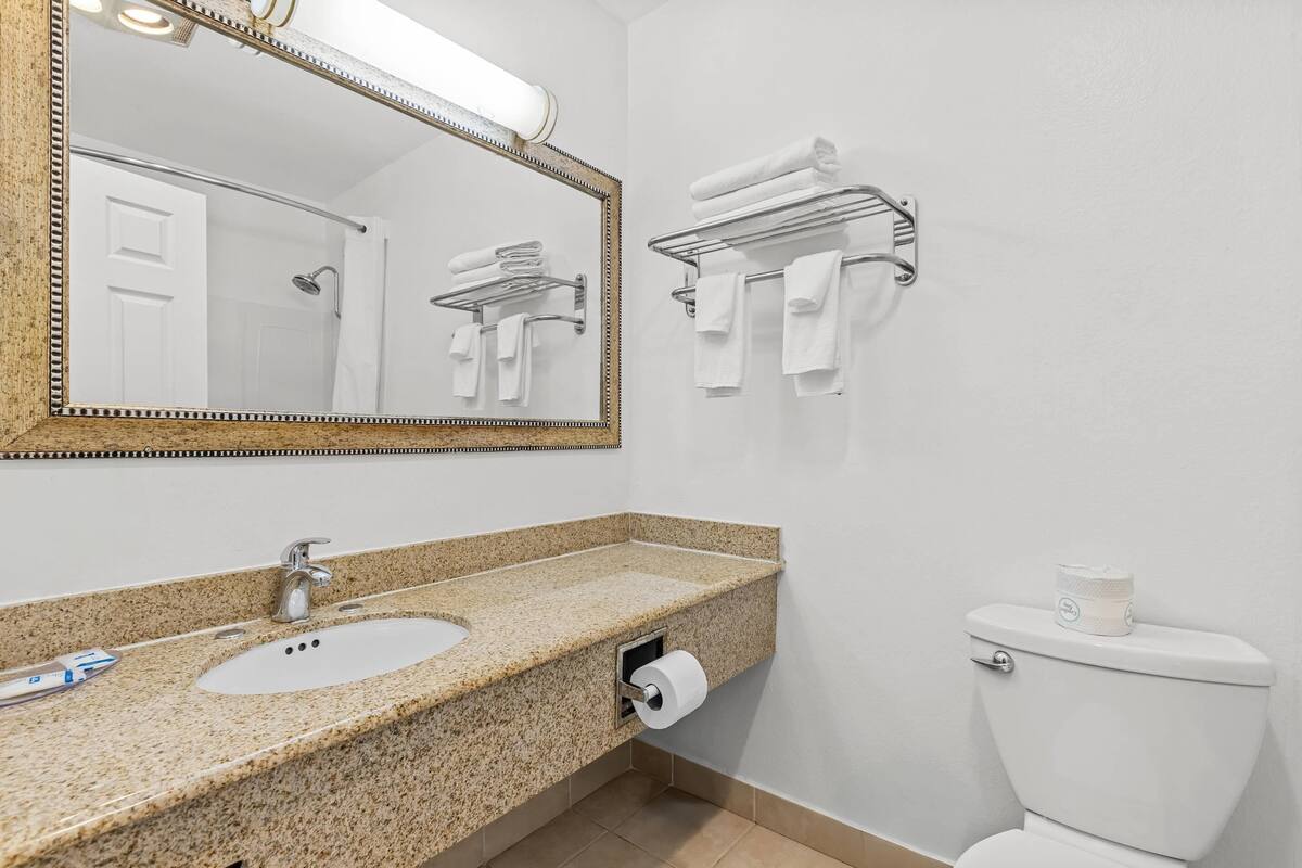 A bathroom with a granite countertop sink, a mirror, a towel rack, and a toilet.