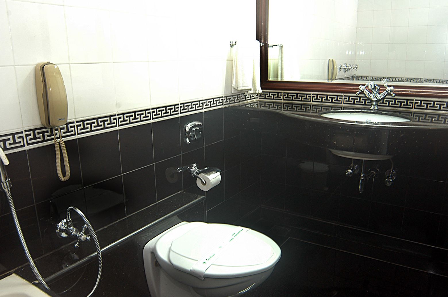 A bathroom with a toilet, a sink, and a shower.
