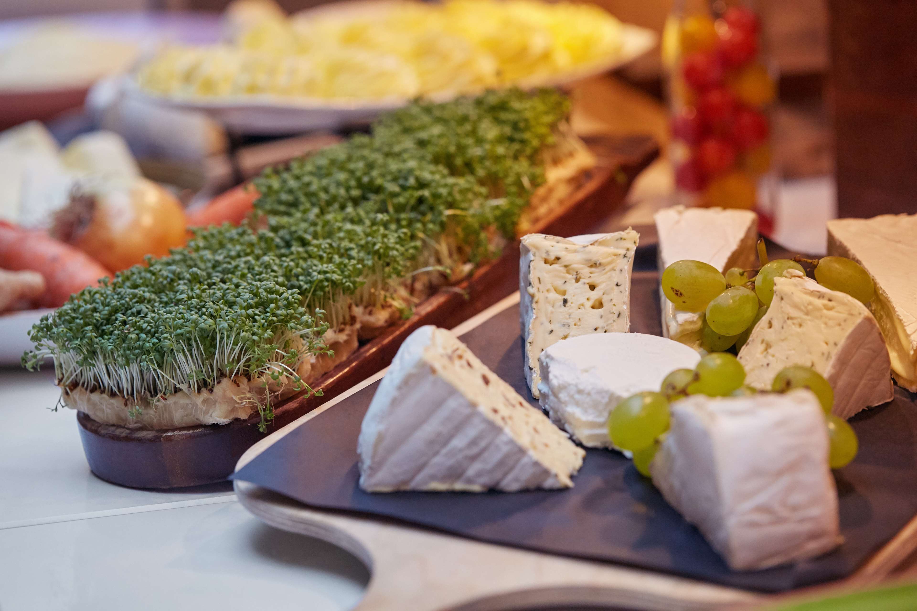 A variety of cheeses and grapes on a tray.