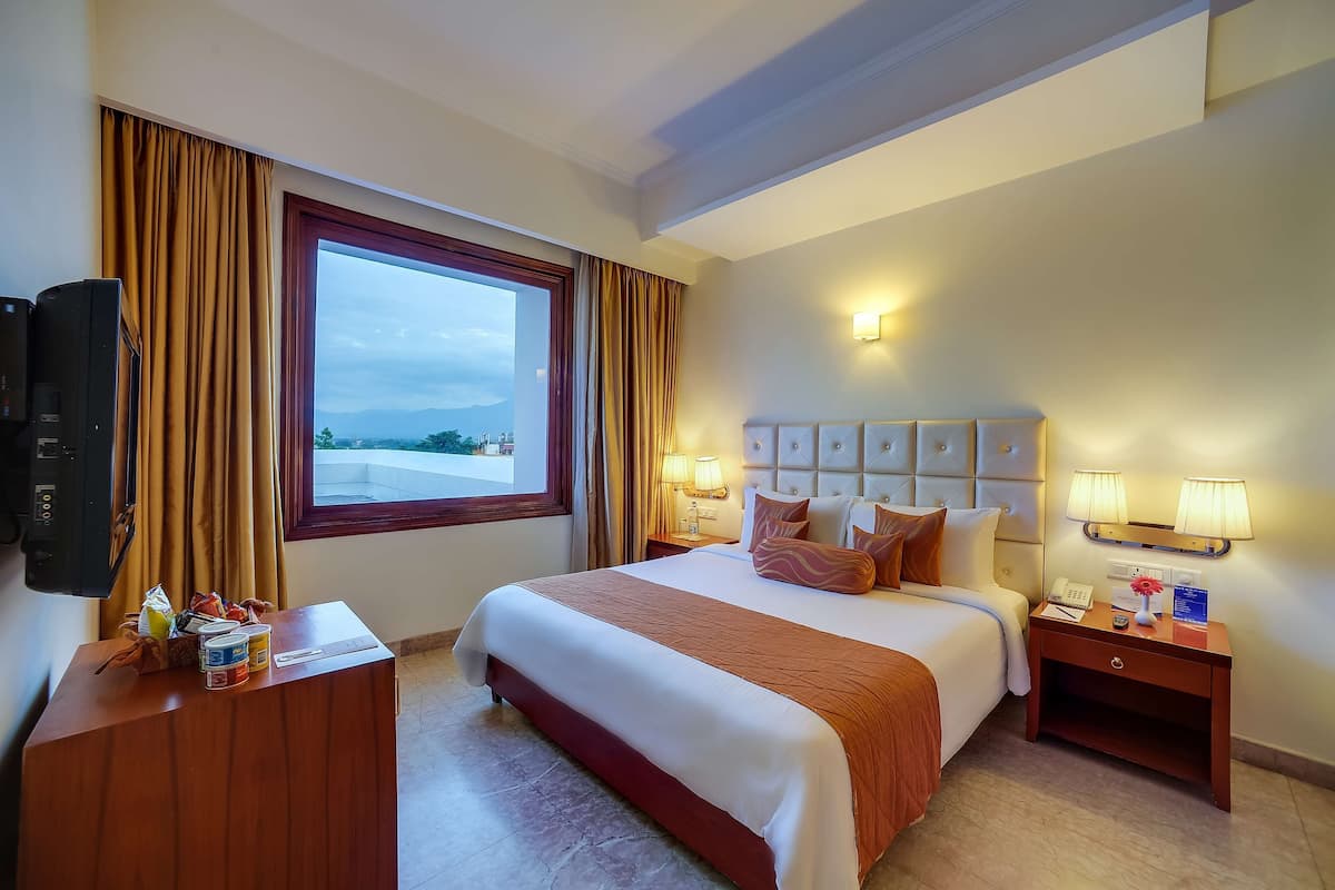 A hotel room with a large bed, a TV, a desk with a lamp, and a window with curtains.