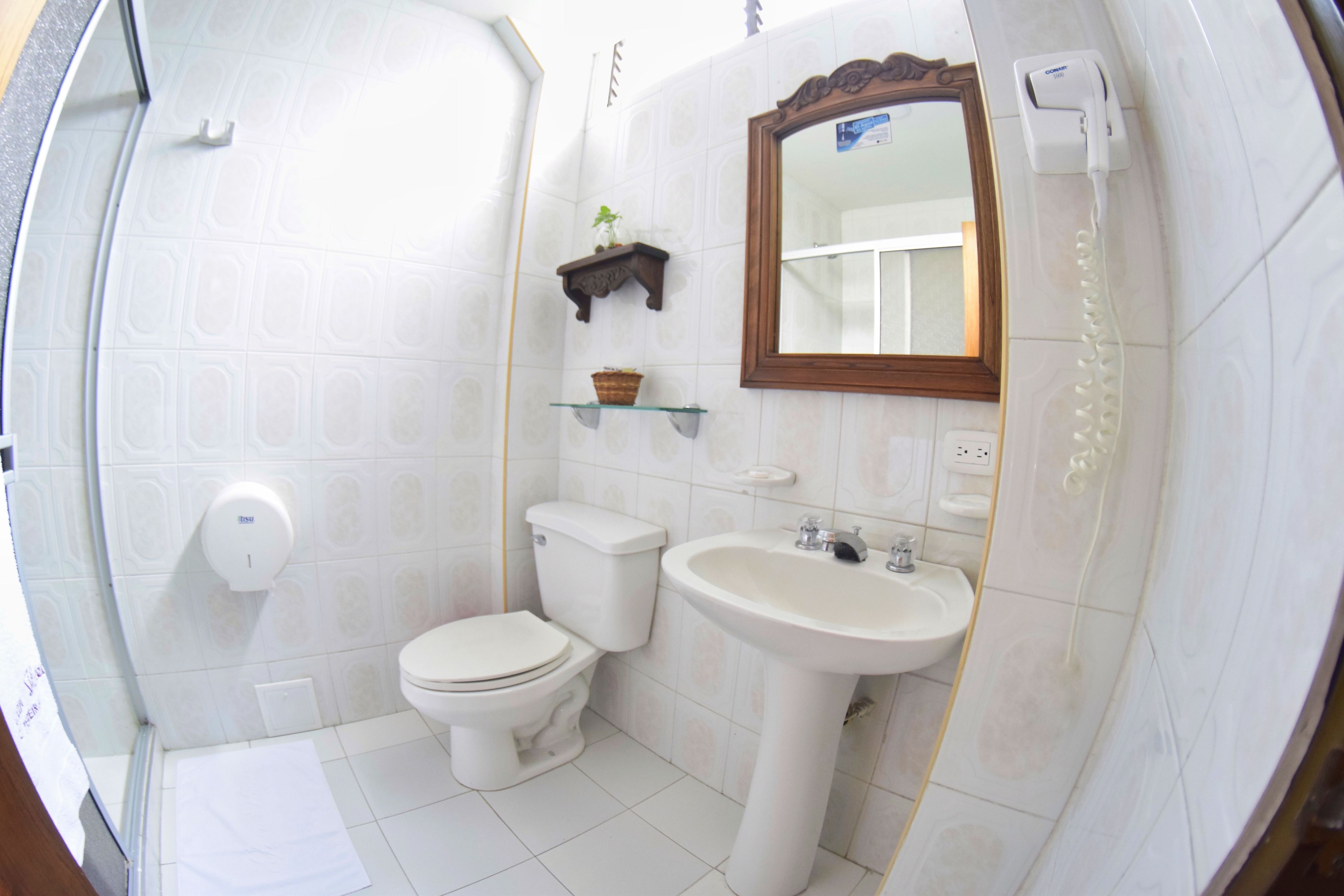 shower, rainfall showerhead, hair dryer, towels