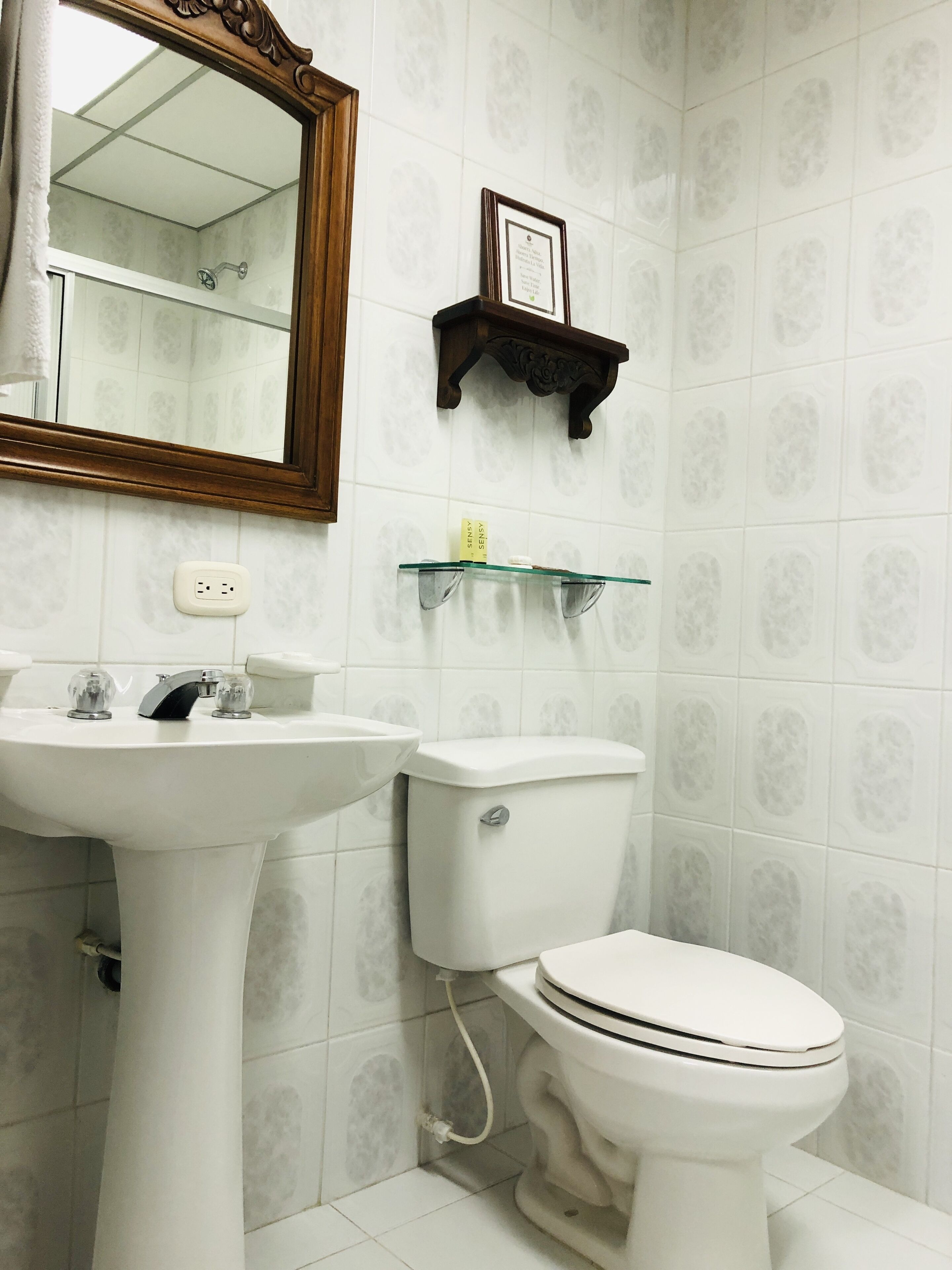 shower, rainfall showerhead, hair dryer, towels